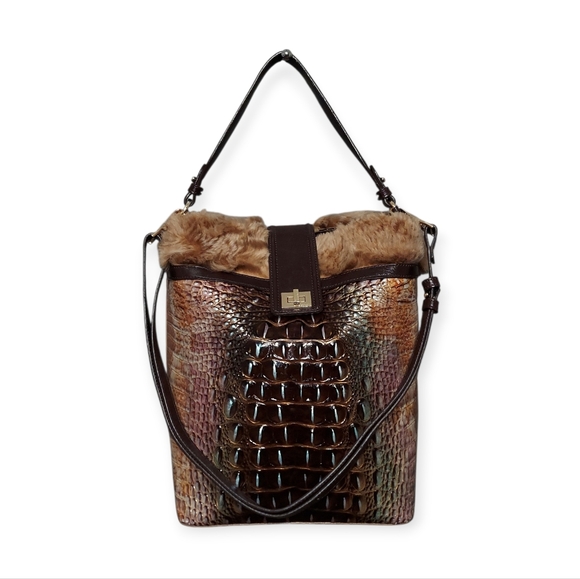 Brahmin Shira Genuine Shearling Croc Embossed Leather Bucket Shoulder Bag EUC - Picture 3 of 13